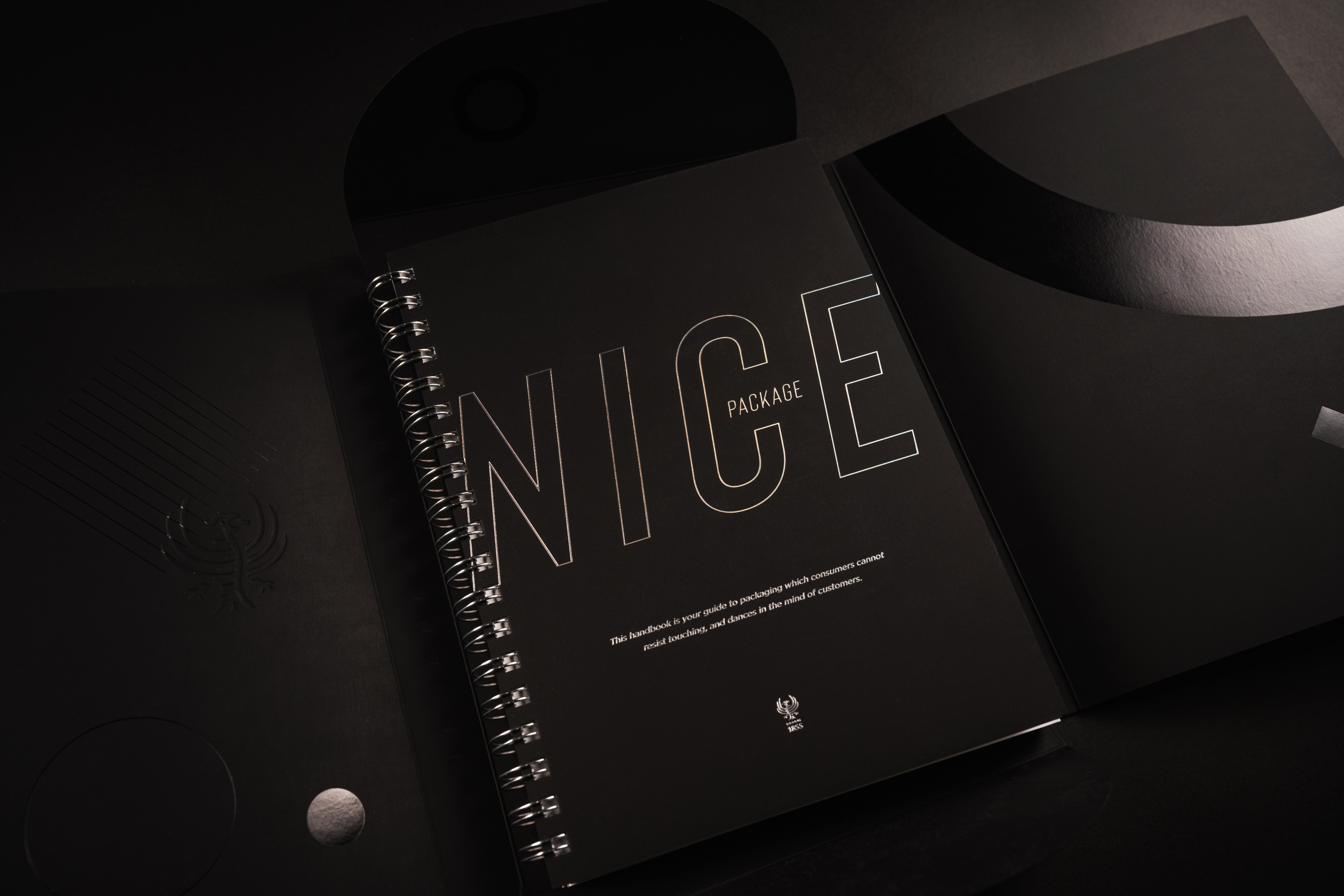 The wire-bound Nice Package book, foil-outlined NICE on a black cover, resting in its open slipcase.